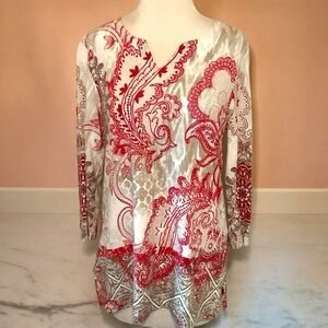 Chico’s Abstract Print Cotton Blend Tunic Red Tan 3/4 Sleeve Size 0 Reg 4/6 S